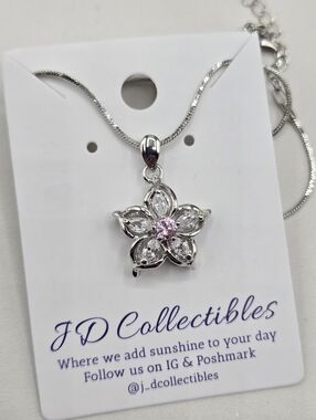 Swarovski Crystal Elements Silver Statement Necklace Pink Floral 18 - 20 inch